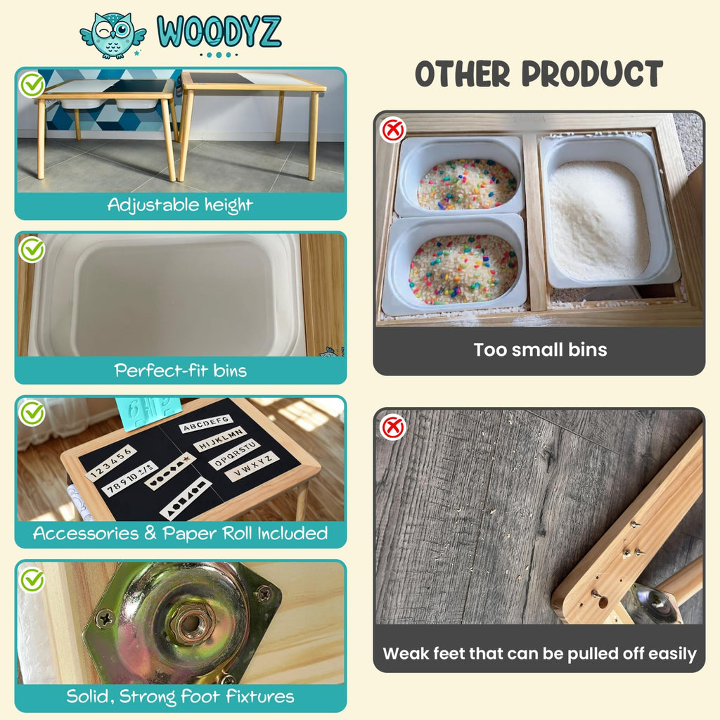 Woodyz - Evolving Sensory Table For Toddlers with Chairs & Foldable Bins - Indoor Kids Arts And Crafts Table - Play a Montessori Activity with Sand - Book/Tablet Holder- (Paper & Accessories included)