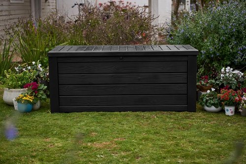 Keter Westwood 150 Gallon Resin Outdoor Storage Box - Ideal for Patio Furniture & Garden Tools | Dark Grey