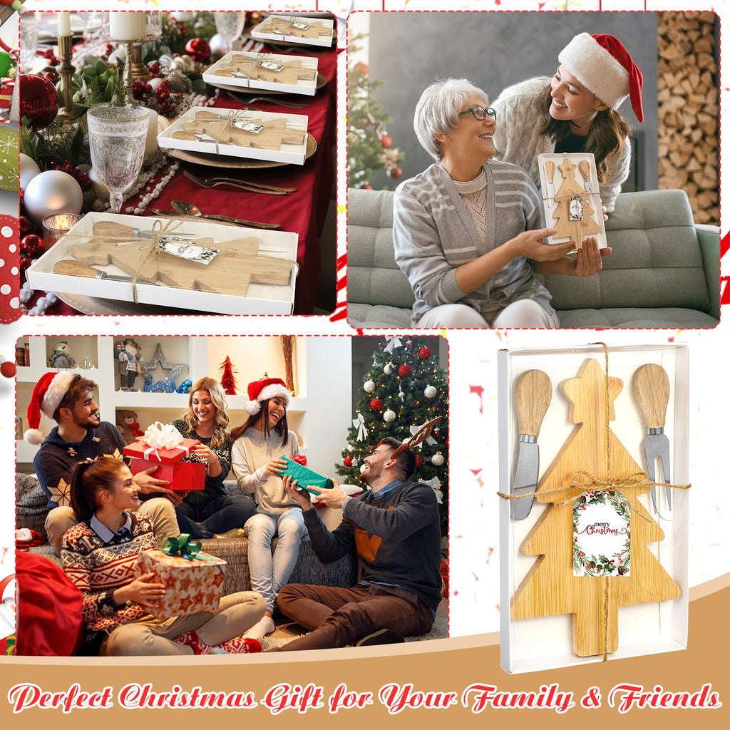 Roshtia 12 Set Christmas Charcuterie Board Gift Bulk Christmas Cutting Boards with Cheese Knives Forks Bamboo Cutting Board for Kitchen Xmas Party Bridal Shower Favor Supplies(Xmas Tree)