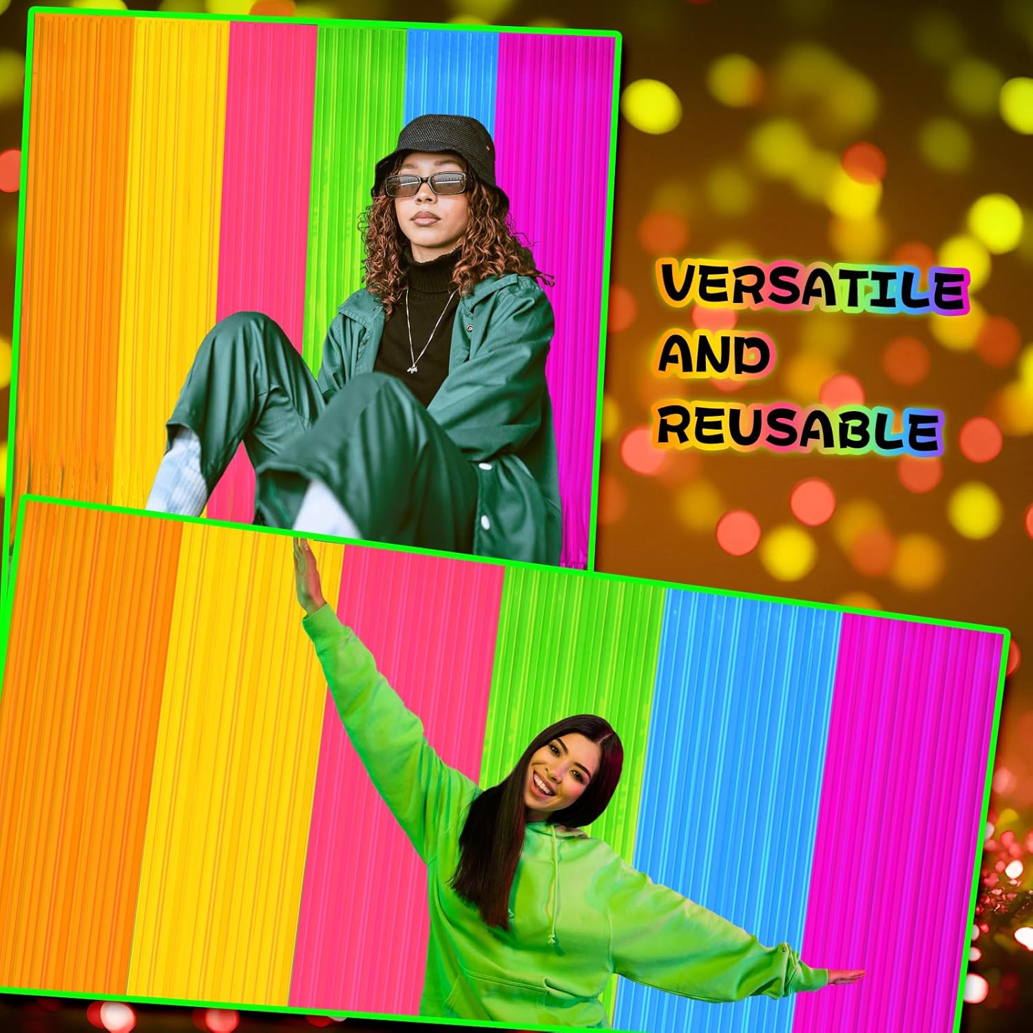Skiennix Glow In The Dark Curtains - Colorful Tinsel Foil Fringe Backdrop | 6.6 x 3.3 Ft Party Decor