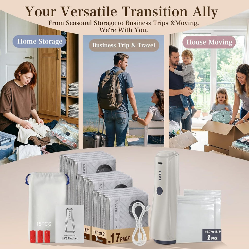 QcoQce Vacuum Storage Bags - Rechargeable Electric Pump Included | Space Saver for Clothing & Bedding
