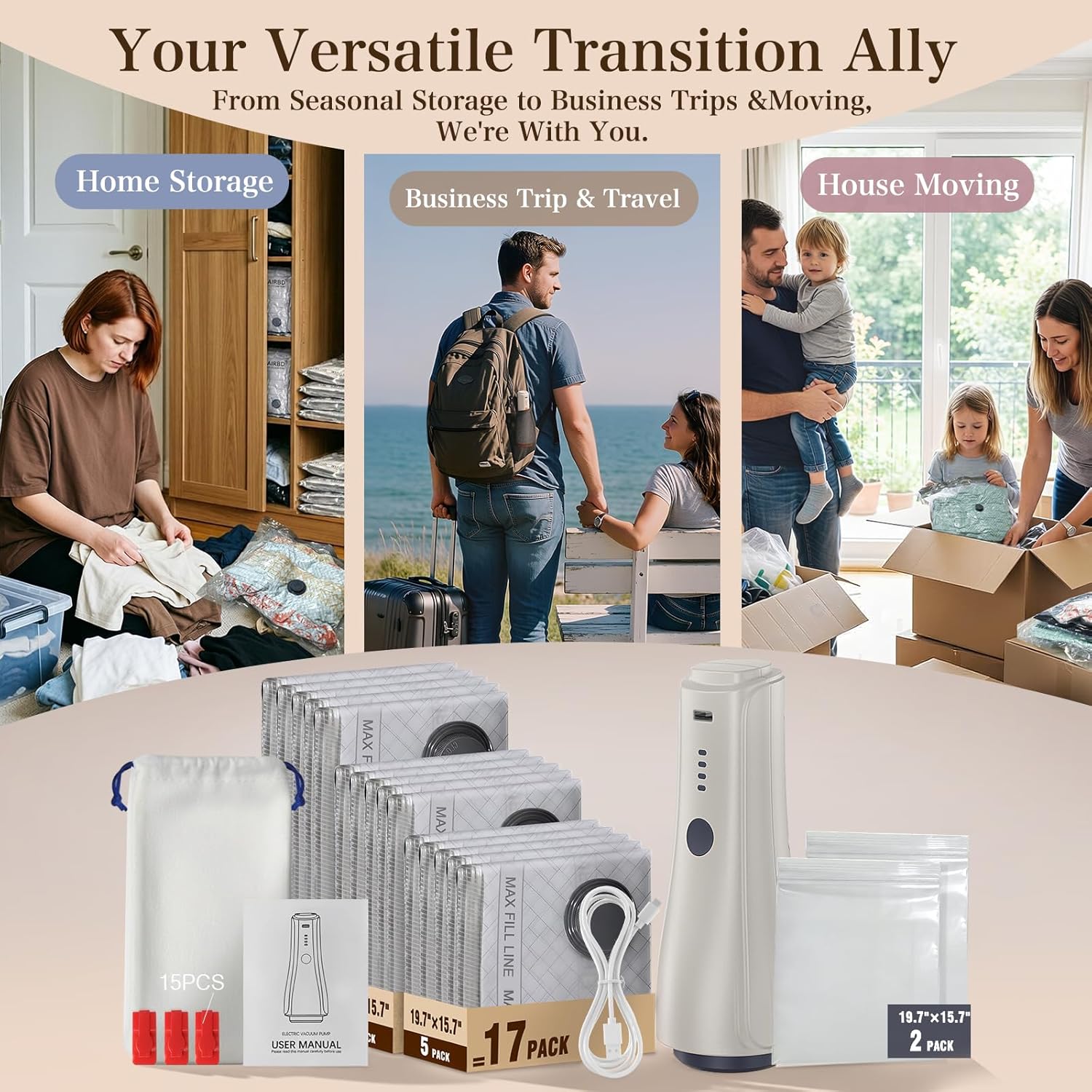 QcoQce Vacuum Storage Bags - Rechargeable Electric Pump Included | Space Saver for Clothing & Bedding