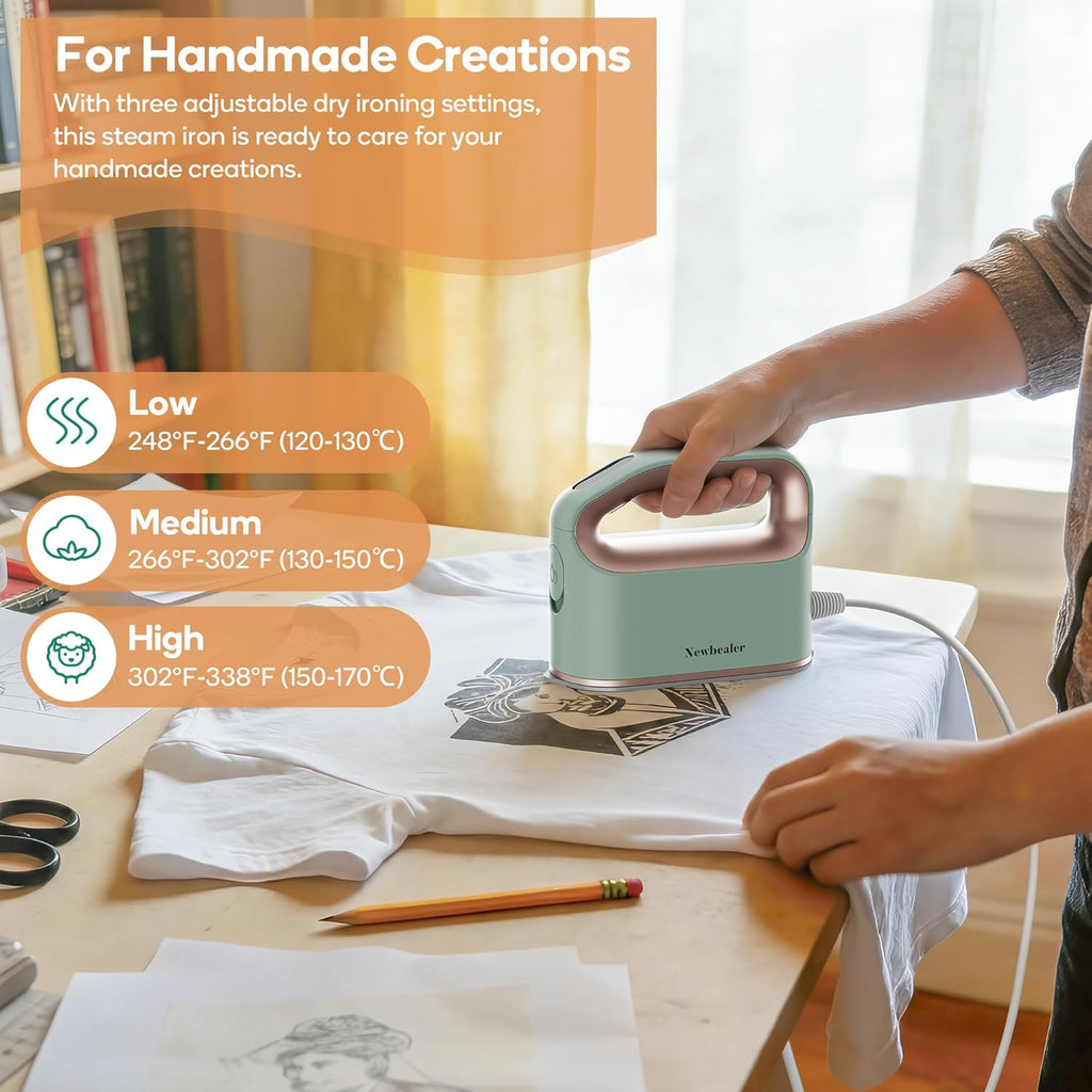Newbealer Smart Steam Iron - Mini Heat Press with 1200W Turbocharged Power | 3 Steam Modes, Auto-Off, Nonstick Soleplate (Mint Green)