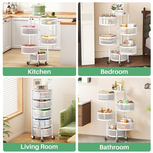 SAYZH Fruit Vegetable Basket for Kitchen, Rotating Storage Rack, 5 Tier Rolling Cart with top lid, Large Metal Wire Wheels (White)