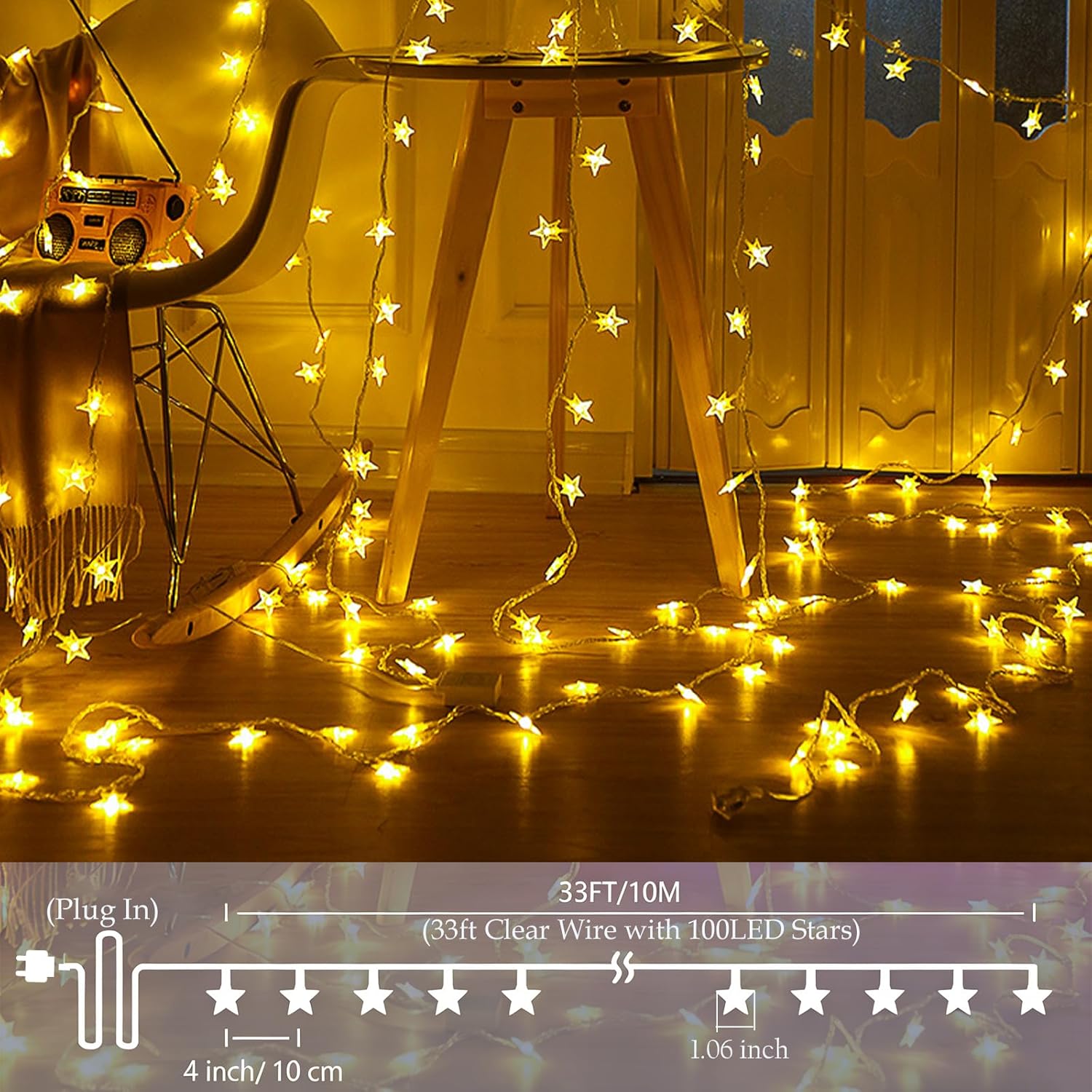 Plun Fairy Star String Lights - 100 LED Waterproof Twinkle Lights | 8 Modes for Indoor & Outdoor Decor