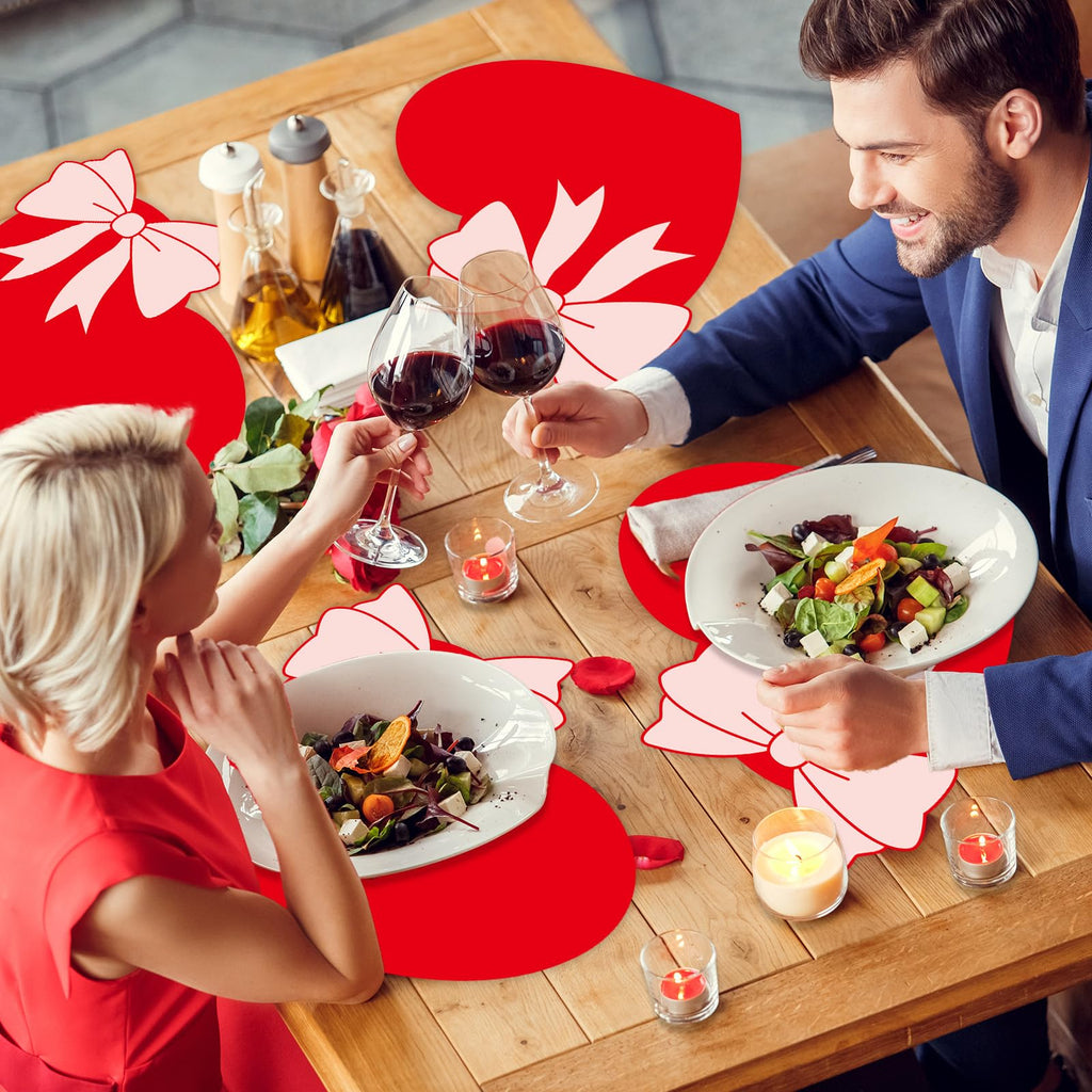 Valentine's Day Placemats Set of 6 Valentines Bow Heart Plastic Table Mats Sweet Red Heart Shaped Place Mats Washable Waterproof Table Decoration for Wedding Anniversary Holiday Party Kitchen Dining