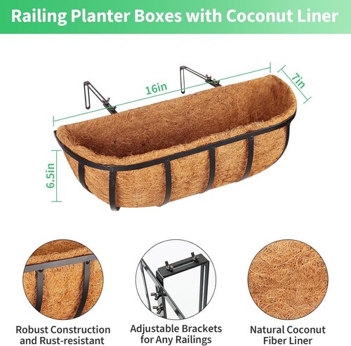 Legigo 16-Inch Window Box Planters - 2 Pack Metal Railing Planters with Coconut Liners for Outdoor Use