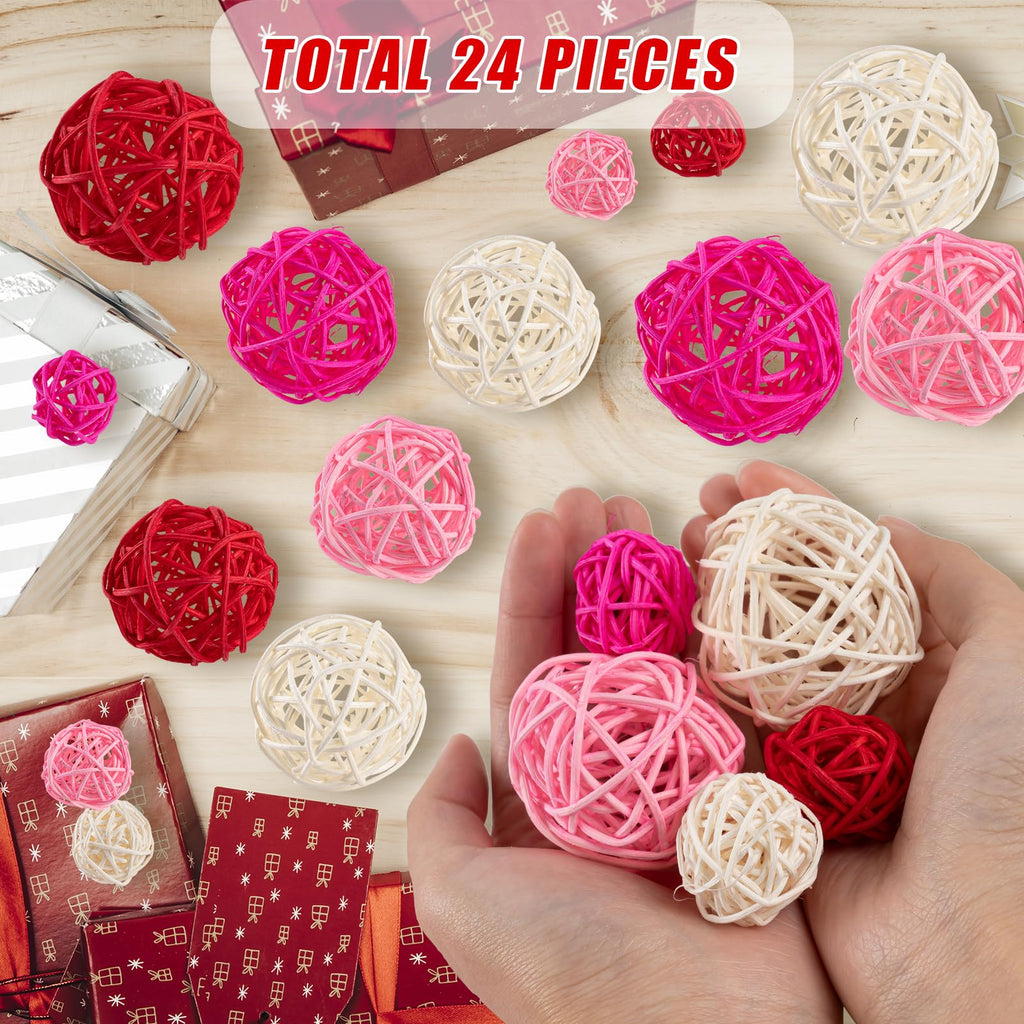 GuassLee 24Pcs Valentine's Day Decorative Rattan Balls, Pink Red Grey Wicker Balls Decorations for Valentine's Day Decor Centerpiece DIY Crafts Vase Bowl Orbs Filler Wedding Home Decor, 1.2"/2"/2.4"