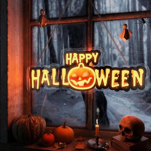 Happy Halloween Neon Sign - Dimmable Black & Orange LED Light for Spooky Party Decor | UV Printed Wall Art