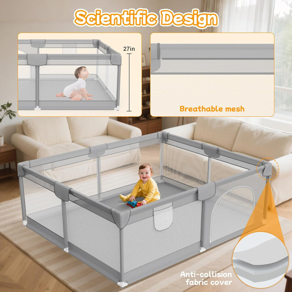 Skiennix Large Baby Playpen - Breathable Mesh Safety Activity Center for Indoor & Outdoor Use, Grey 74"x50"