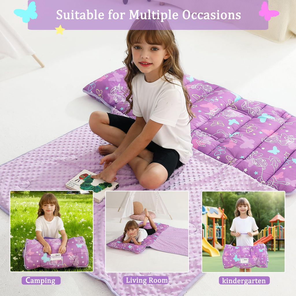 Toddler Nap Mat for Preschool 50''x30'' Sleeping Mat with Removable Pillow and Minky Blanket for Kids Ages 3-7 Roll Up Soft Sleeping Bag for Boys Girls Kindergarten Daycare Sleepover - Purple Unicorn
