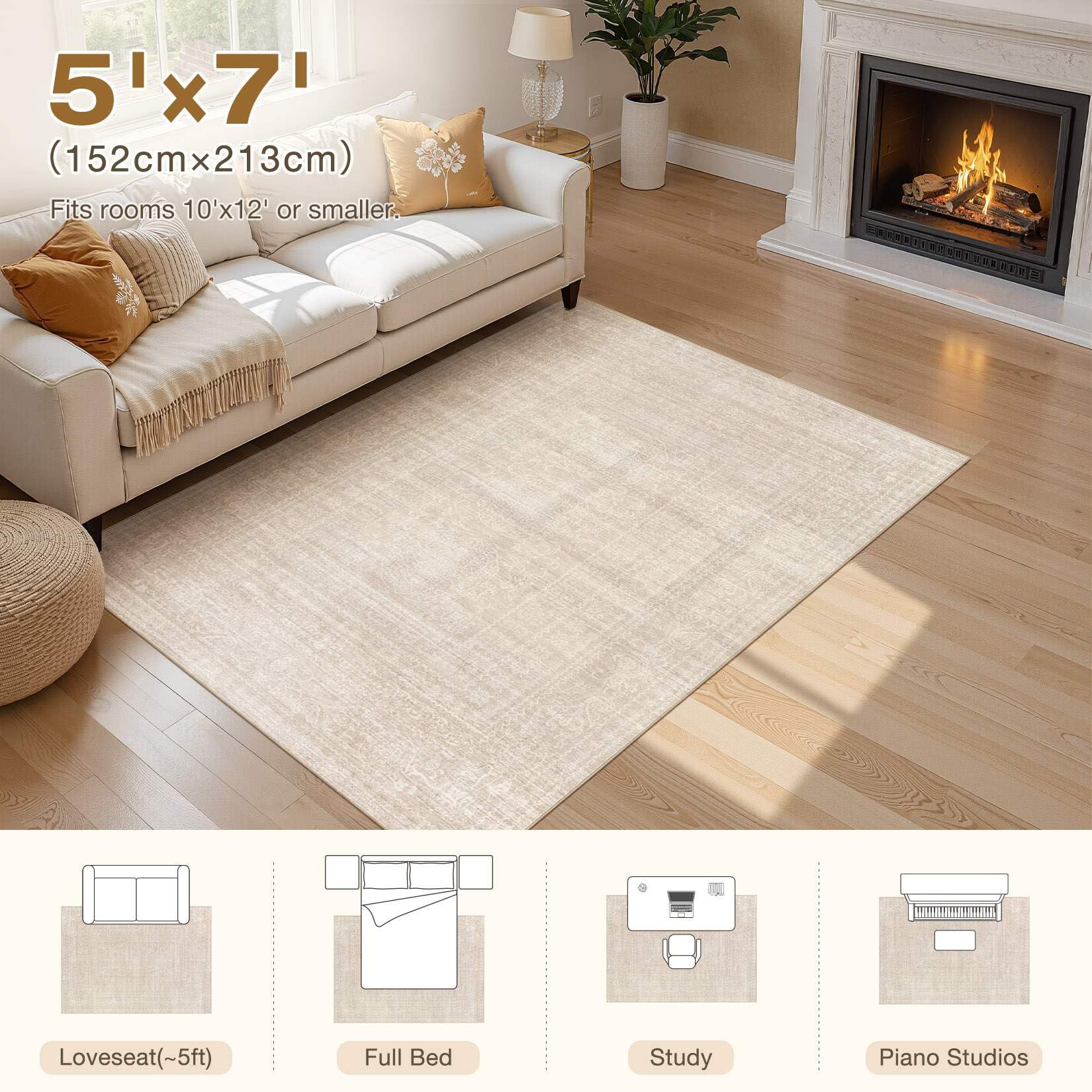 Nakagishi 5x7 Area Rugs Living Room: Washable Large Vintage Beige Rug Neutral Non-Slip Soft Stain Resistant Indoor Carpet for Bedroom Nursery Dining Room Under Table Bed Home House Office Playroom