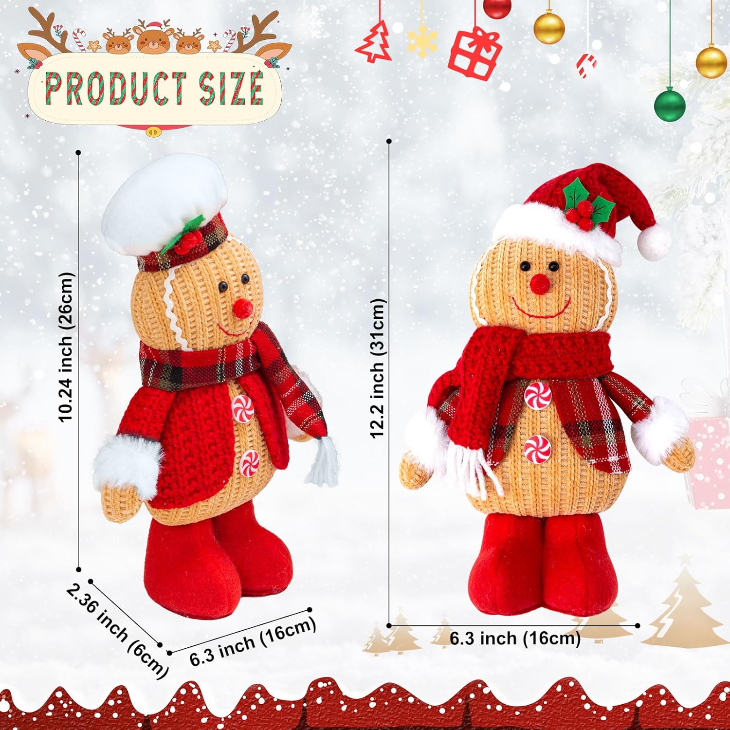 Quescu Gingerbread Christmas Decorations - 2PCS Plush Gingerbread Man Stuffed Dolls for Home Decor