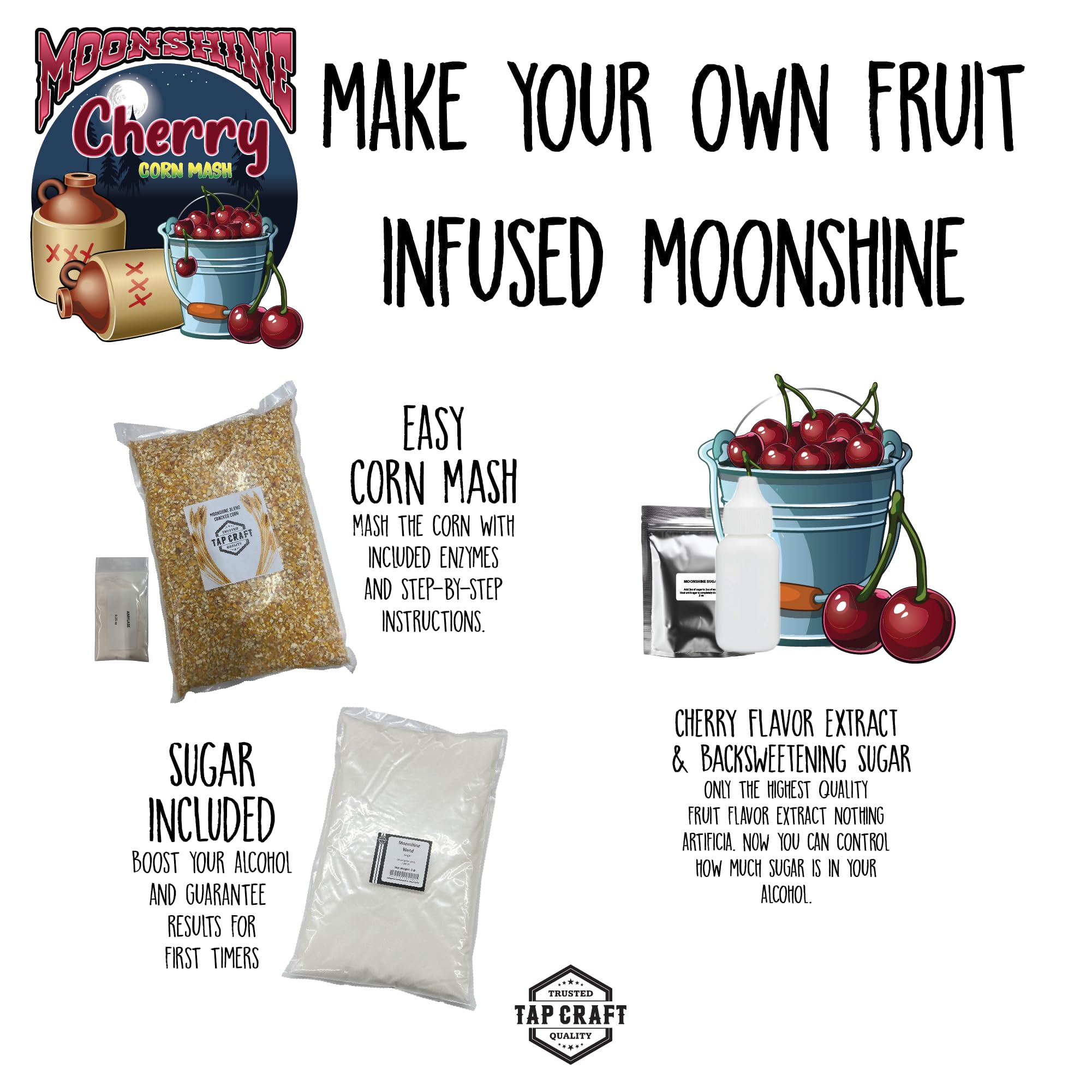 Tapcraft – Complete Cherry Moonshine Mash Recipe Kit – DIY Cherry Moonshine Making at Home – Perfect Gifts for Him & Her – Make Your Own Moonshine – Homemade Alcohol Kit