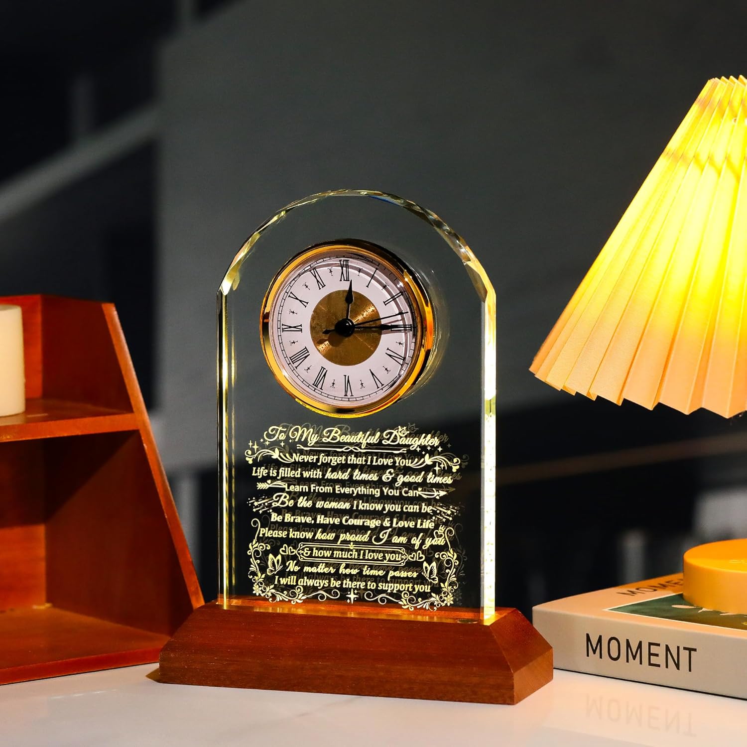 Ornalrist Glass Clock for Daughter - Heartfelt Gift from Mom & Dad with Wooden Base | Warm Light Design