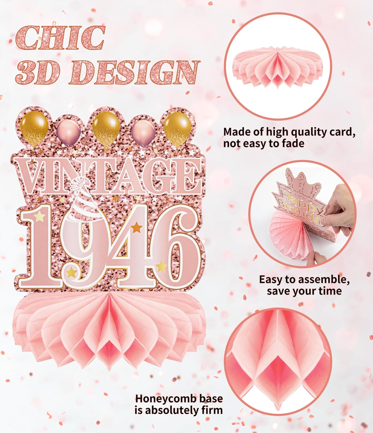 Skiennix 80th Birthday Decorations - Elegant Rose Gold Honeycomb Centerpieces | 9 Pcs Table Toppers for Women