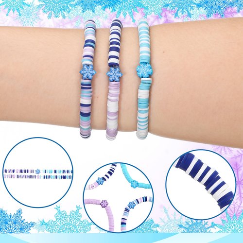 Huquary Snowflake Bracelets Winter Wonderland Party Favors Galentine's Day Gifts Snowflake Birthday Supplies Prize Stretch Adjustable Blue Purple Friendship Clay Bracelet for Birthday Goodie Bag Decor