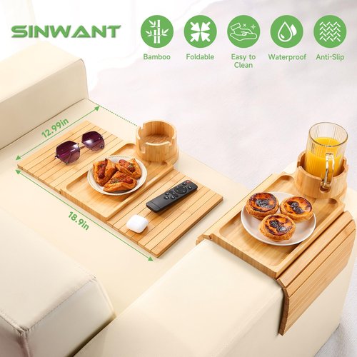SINWANT Couch Cup Holder Tray,Large Bamboo Couch Armrest Table with Cup Holder,Foldable Anti-Slip Sofa Arm Tray for Coffee Cup,Water Bottles,Mug,Snacks,Remote