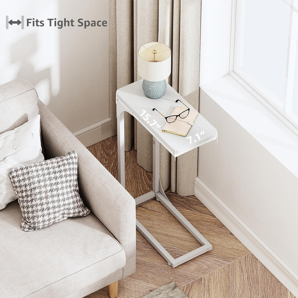 QEEIG Narrow C Shaped Side Table Set - Modern Slim Couch Tray Tables | White, 7-Inch Width, Set of 2