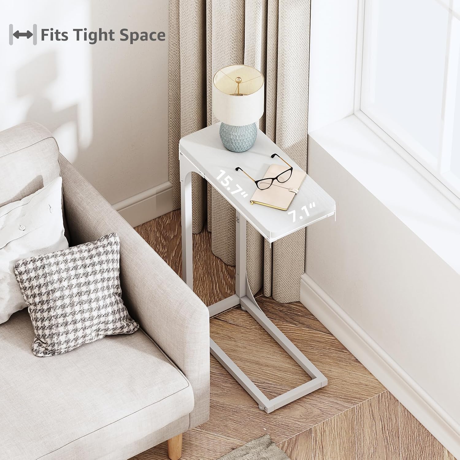 QEEIG Narrow C Shaped Side Table Set - Modern Slim Couch Tray Tables | White, 7-Inch Width, Set of 2