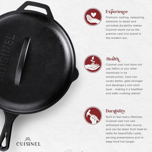 Cuisinel Cast Iron Skillet - 12-Inch Pre-Seasoned Frying Pan with Lid & Silicone Handle | Versatile Indoor/Outdoor Cookware