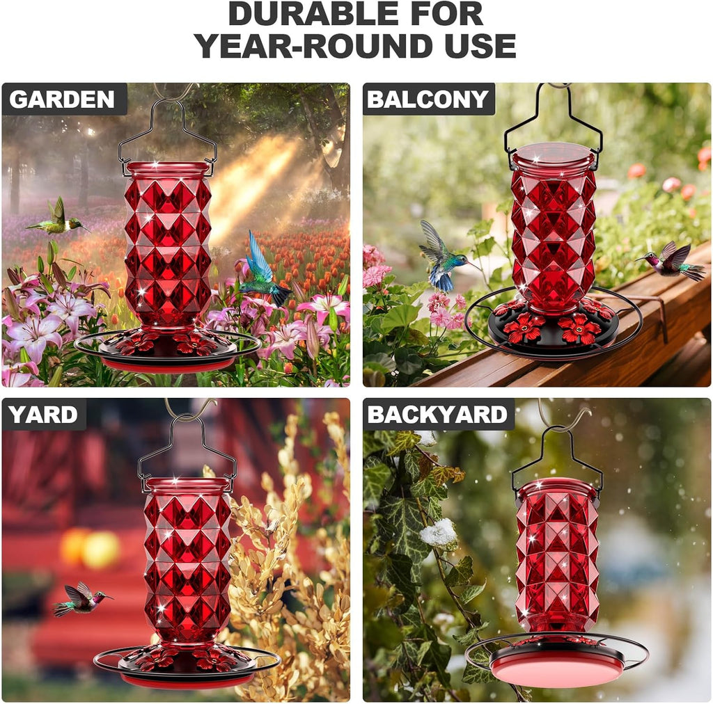 Skiennix Glass Hummingbird Feeder - 25oz Leak-Proof Nectar Feeder with Perch & 5 Flower Ports | Red Garden Decor