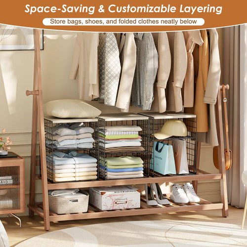 Hencawima 4-Tier Stackable Closet Organizers and Storage, Closet Shelves with Adjustable Dividers & Wood Top Extra Storage, Clothes Storage Basket Bins for Wardrobe, Closet Organizer System, Black