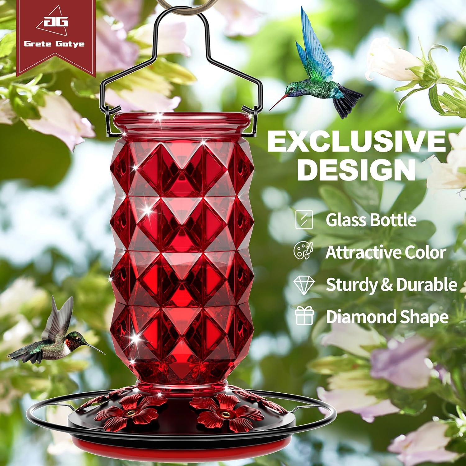 Skiennix Glass Hummingbird Feeder - 25oz Leak-Proof Nectar Feeder with Perch & 5 Flower Ports | Red Garden Decor
