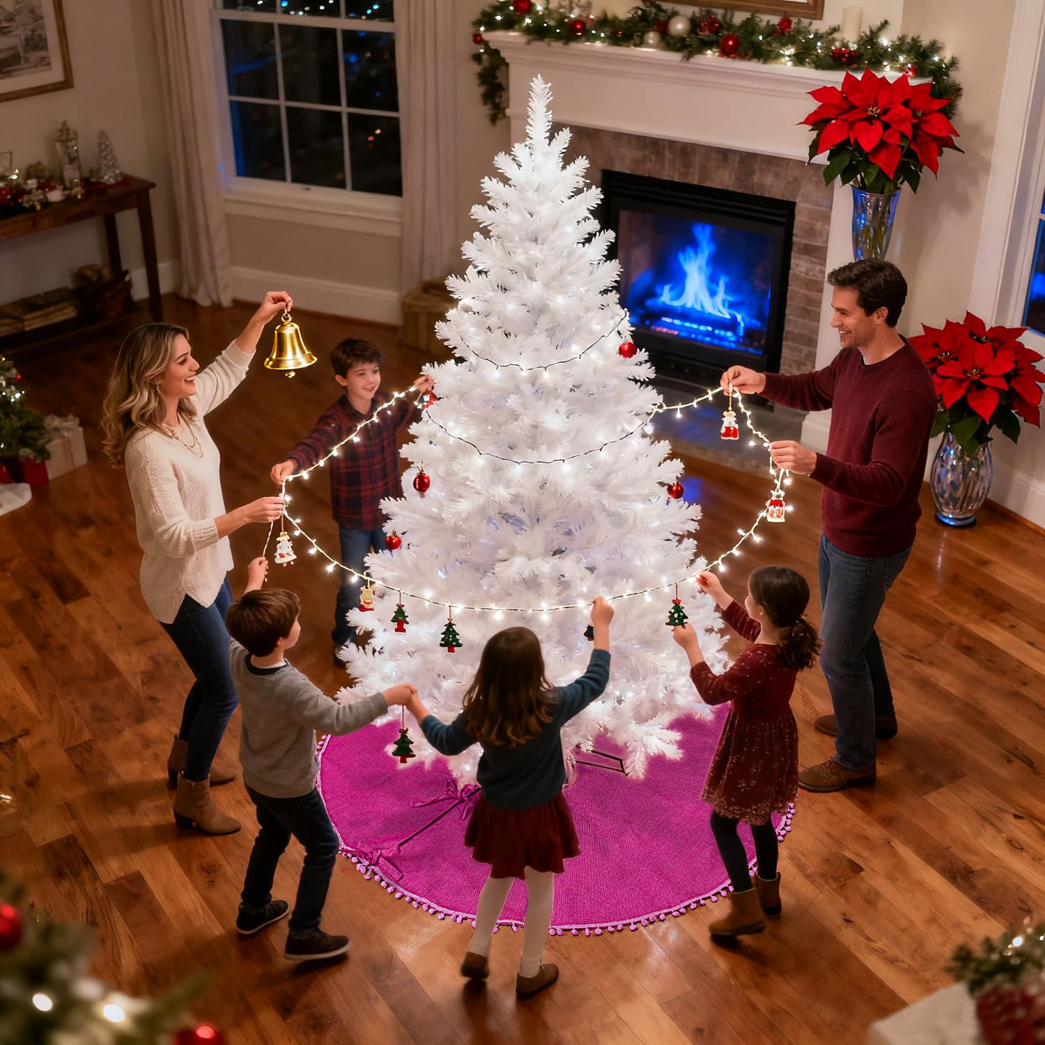 SevenFish Christmas Tree Skirt, 48 inches Large Tree Skirt Soft Double Layer Burlap Tree Skirt with Pom Pom for 6ft 8ft Christmas Tree Holiday Party Decorations, Rose Pink