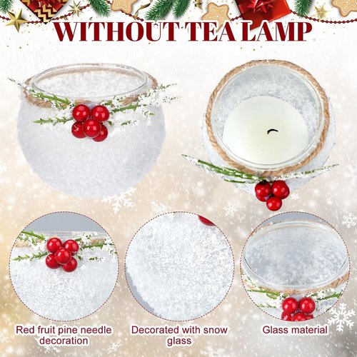 Funnymoom Christmas Votive Candle Holders - 6 Pcs Snowy Red Berry Design for Home Decor & Parties
