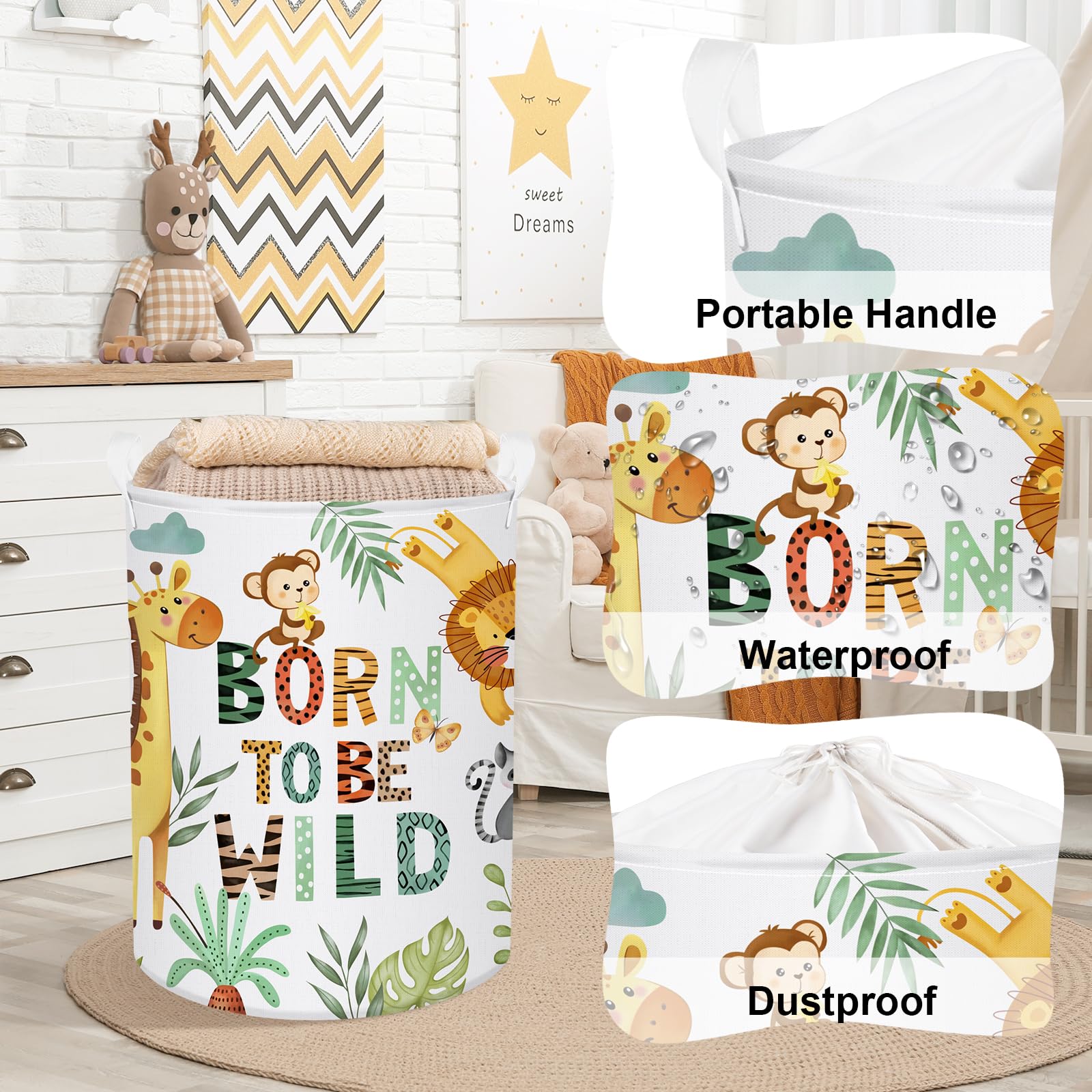 Clastyle 45L Boho Animal Tree Kid Laundry Hamper for Boy Girl Collapsible Elephant Tiger Clothes Toy Storage Basket with Lid for Bedroom Bathroom Nursery