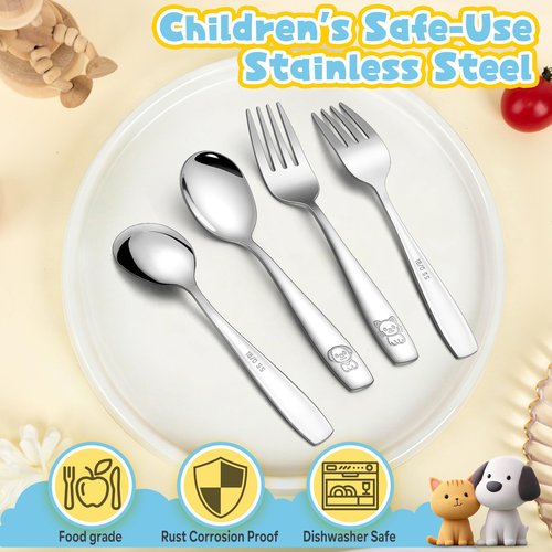 LIANYU 10 Pieces Toddler Silverware, Stainless Steel Kids Silverware Set, Metal Kid Utensils with Small Forks and Spoons, Child and Toddler Safe Flatware with Cute Pattern, Dishwasher Safe