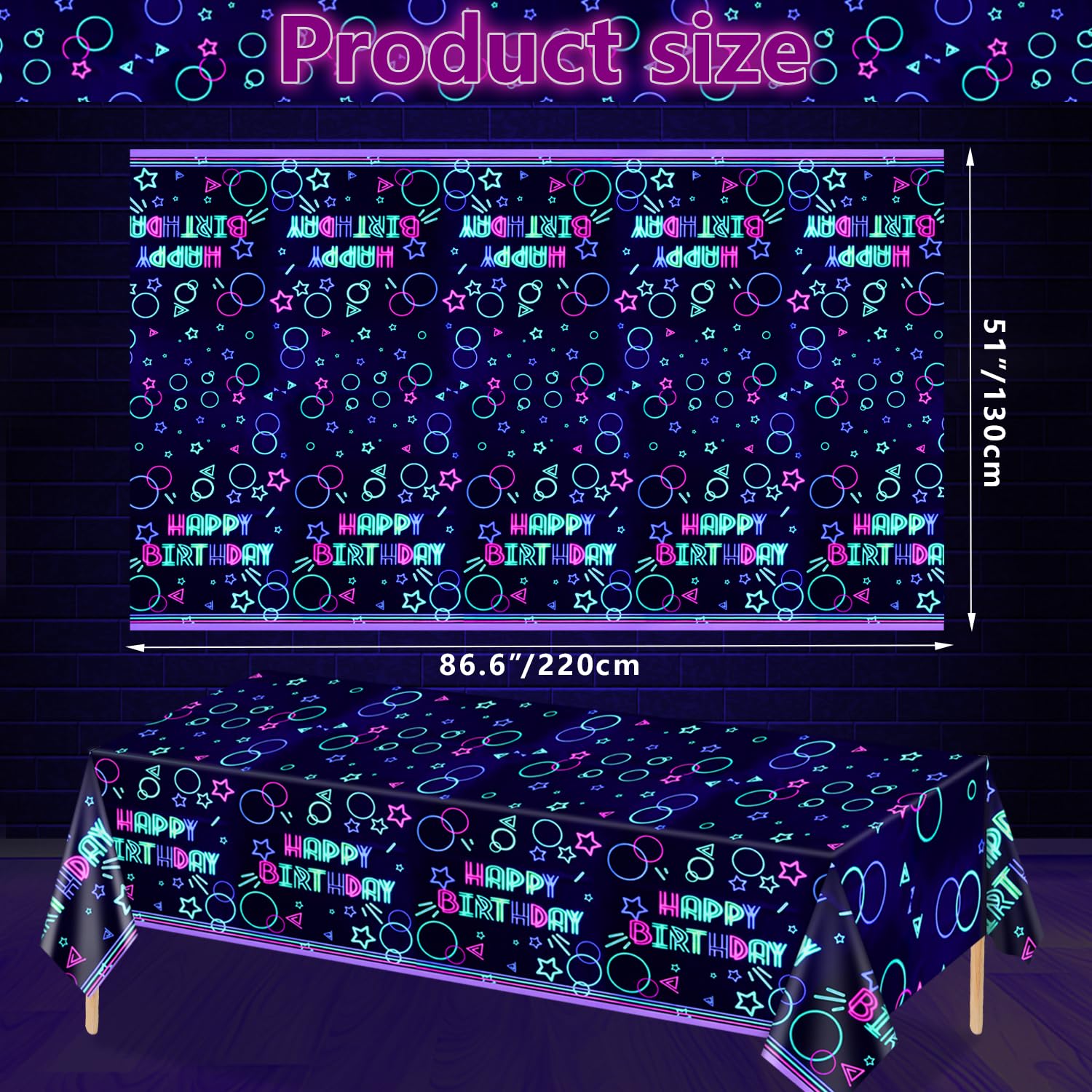 XJLANTTE 4 Pack Glow Party Tablecloth Supplies - Neon Plastic Birthday Table Cover, Black Light Fluorescence Rectangle Table Cloth 51"x86.6" for Glow in The Dark Birthday Party Decorations