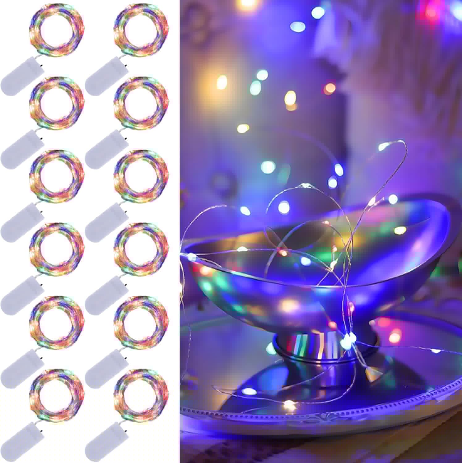 WATERGLIDE 12 Pack Colorful Fairy Lights - Waterproof 20 LED Mini String Lights for DIY Decor | 7 ft Silver Wire