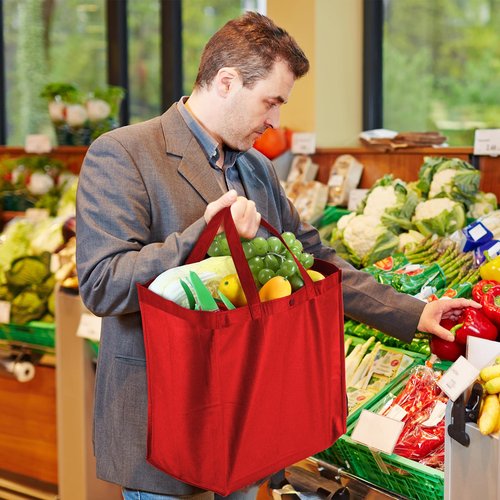 Zhehao 60 Pcs Reusable Grocery Bags Bulk Large Foldable Shopping Tote Bags Non Woven with Handle and Plastic Button(Red)
