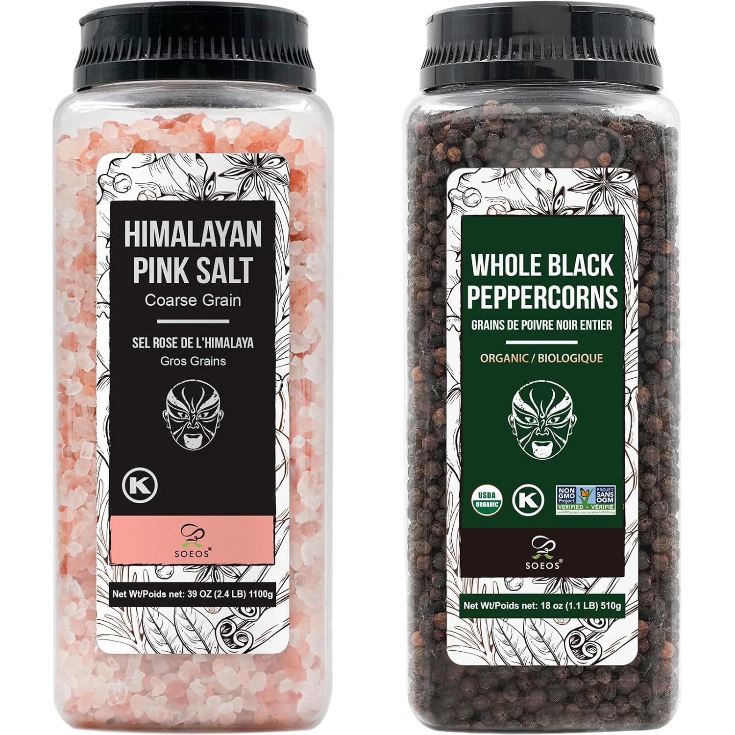 Soeos Himalayan Pink Salt Coarse 39 oz | Organic Black Peppercorns 18 oz - Non-GMO Spice Set for Cooking