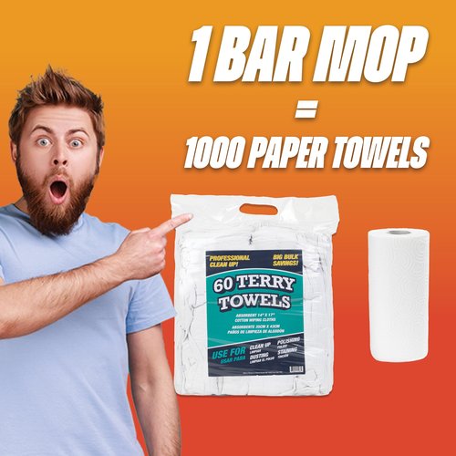 Arkwright TT60 Terry Cloth Towels for Cleaning - (Pack of 60) 100% Cotton Washable Heavy Duty Bar Mop, Absorbent & Quick Drying, Bag of Rags for Kitchen, Auto Shop, and Garage, 14 x 17 in, White
