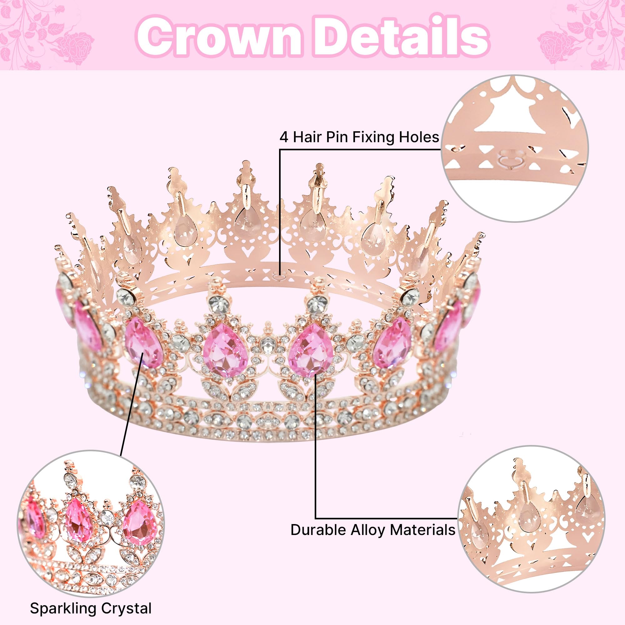 AMZVALU Crown Cake Topper, Happy Birthday Cake Toppers Pink Crown Balls Candles Gold Butterflies, Corona Para Pastel, Cake Decorations for Women Princess Queen Birthday Party Wedding (Rose Gold)