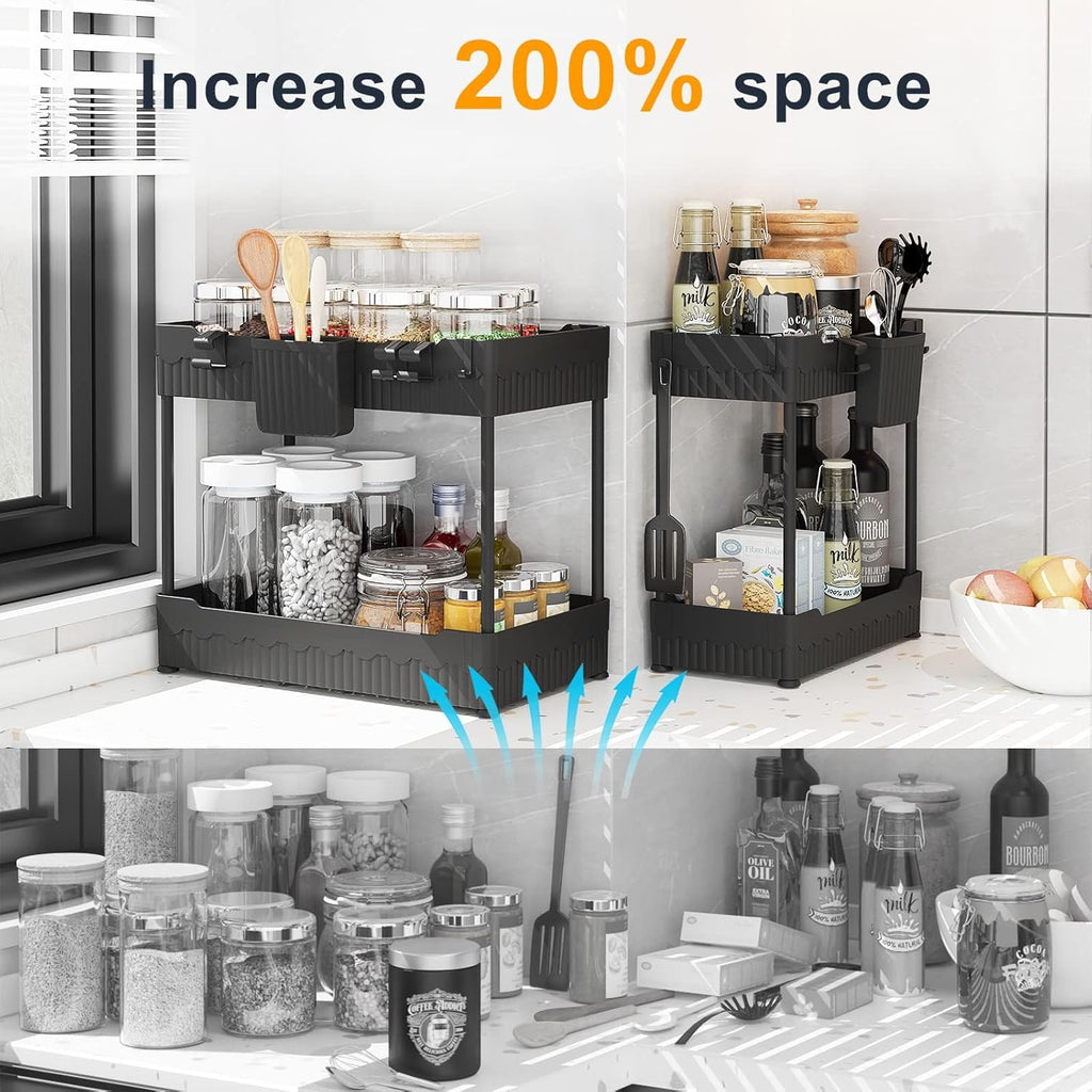 Sevenblue Under Sink Organizer - Multi-Purpose Storage Shelf with Hooks for Kitchen & Bathroom | Black, 2 Pack