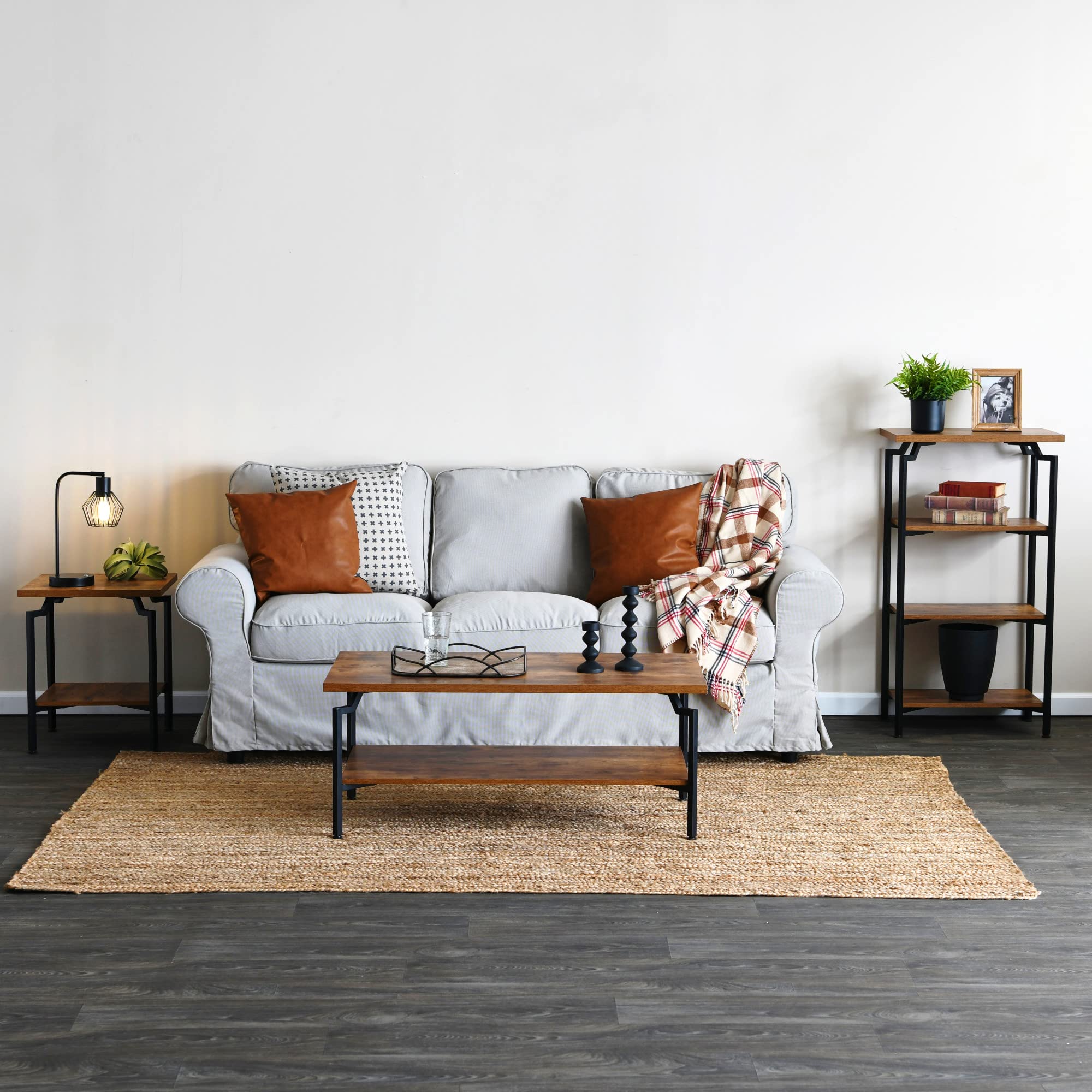 Household Essentials Crown Rectangular Coffee Table with Storage Shelf Rustic Hickory Wood Grain and Black Metal