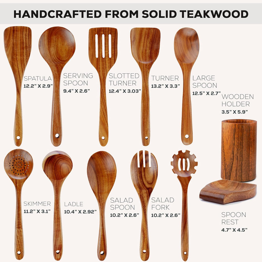 Zulay Kitchen 12-Piece Teak Wooden Utensil Set - Premium Non-Stick Cooking Tools in Gift Box
