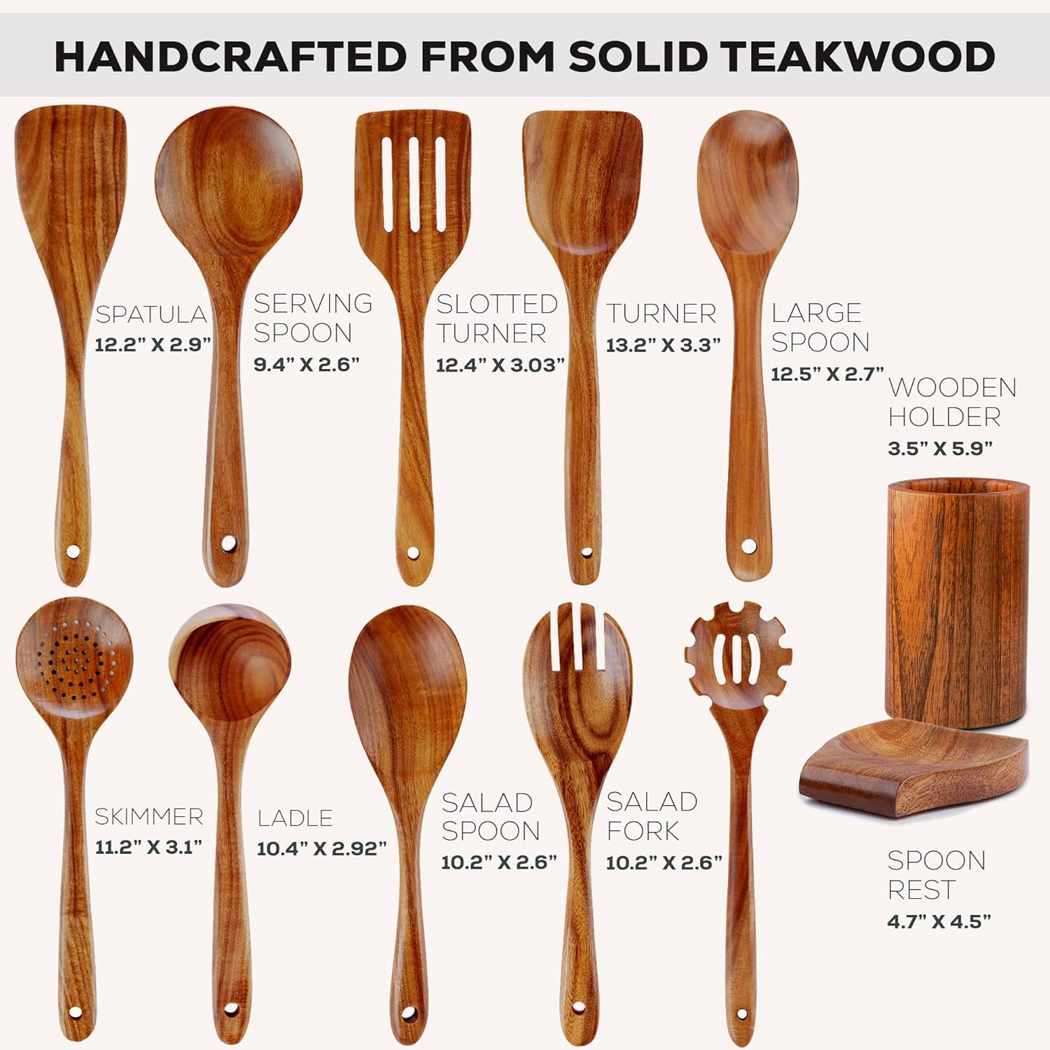 Zulay Kitchen 12-Piece Teak Wooden Utensil Set - Premium Non-Stick Cooking Tools in Gift Box