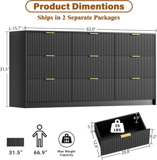 Furniway Black Dresser - Modern 9-Drawer Chest with Smooth Slides & Golden Handles | 63" W x 31.5" H