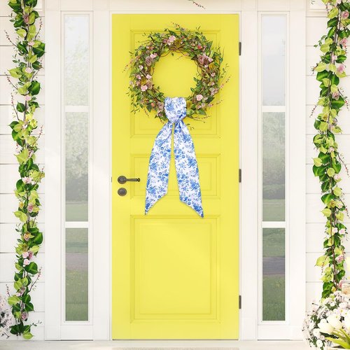 FYSUIMU Blue Flower Wreath Sash - Chinoiserie Floral Garland Ribbon for Home Decor | 2-Piece Set