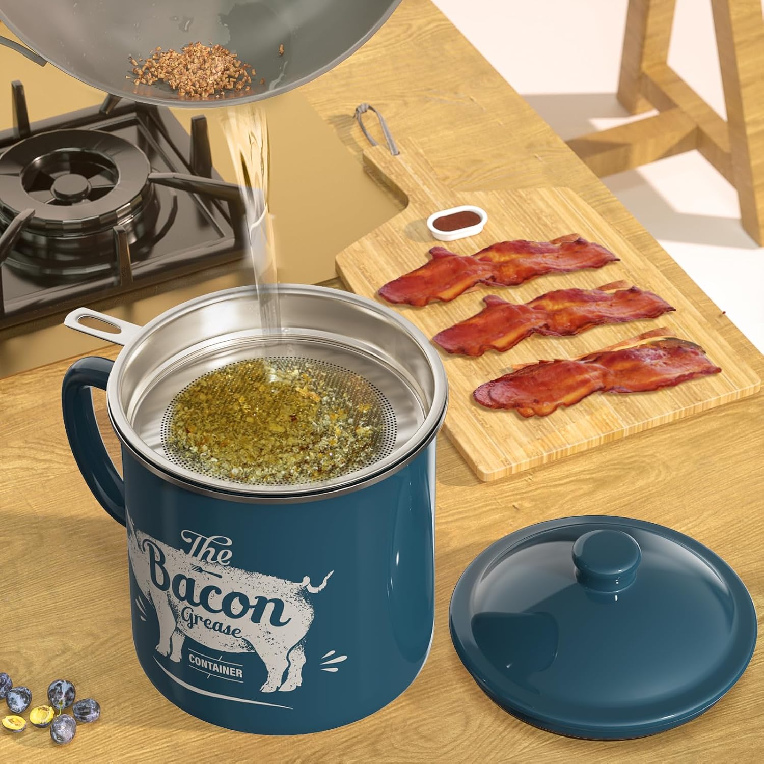 Skiennix Bacon Grease Container - 46oz Enamel Keeper with Strainer & Silicone Spatula | Dishwasher Safe - Blue