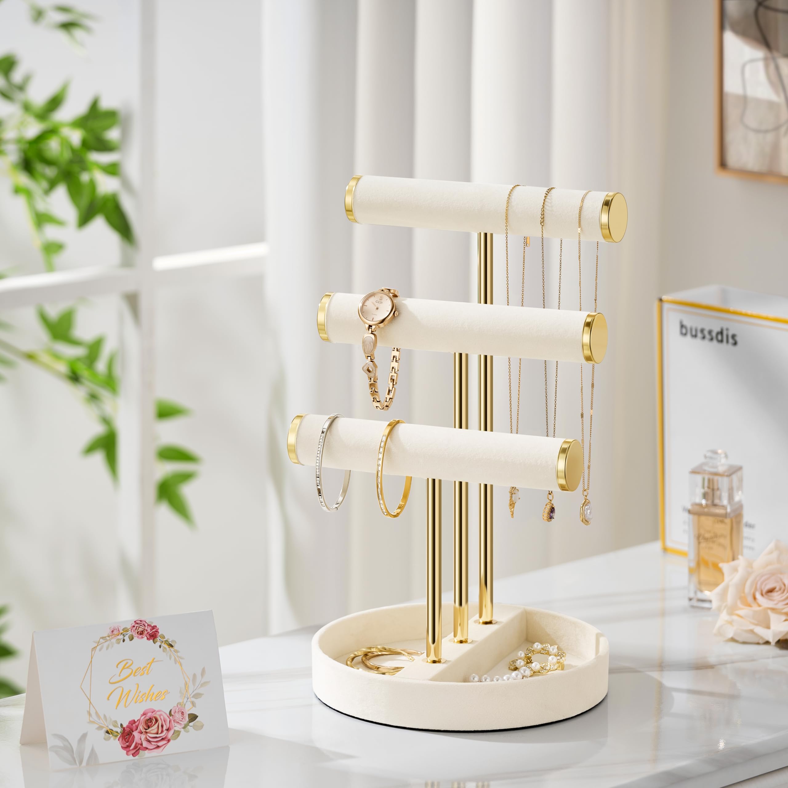bussdis Bracelet Holder Jewelry Organizer Display - 3 Tier T Bar Velvet Stand, Beige Necklace Holder Organizer, Bracelet Holder, Earring Holder and Ring Display for Jewelry Organizers and Storage