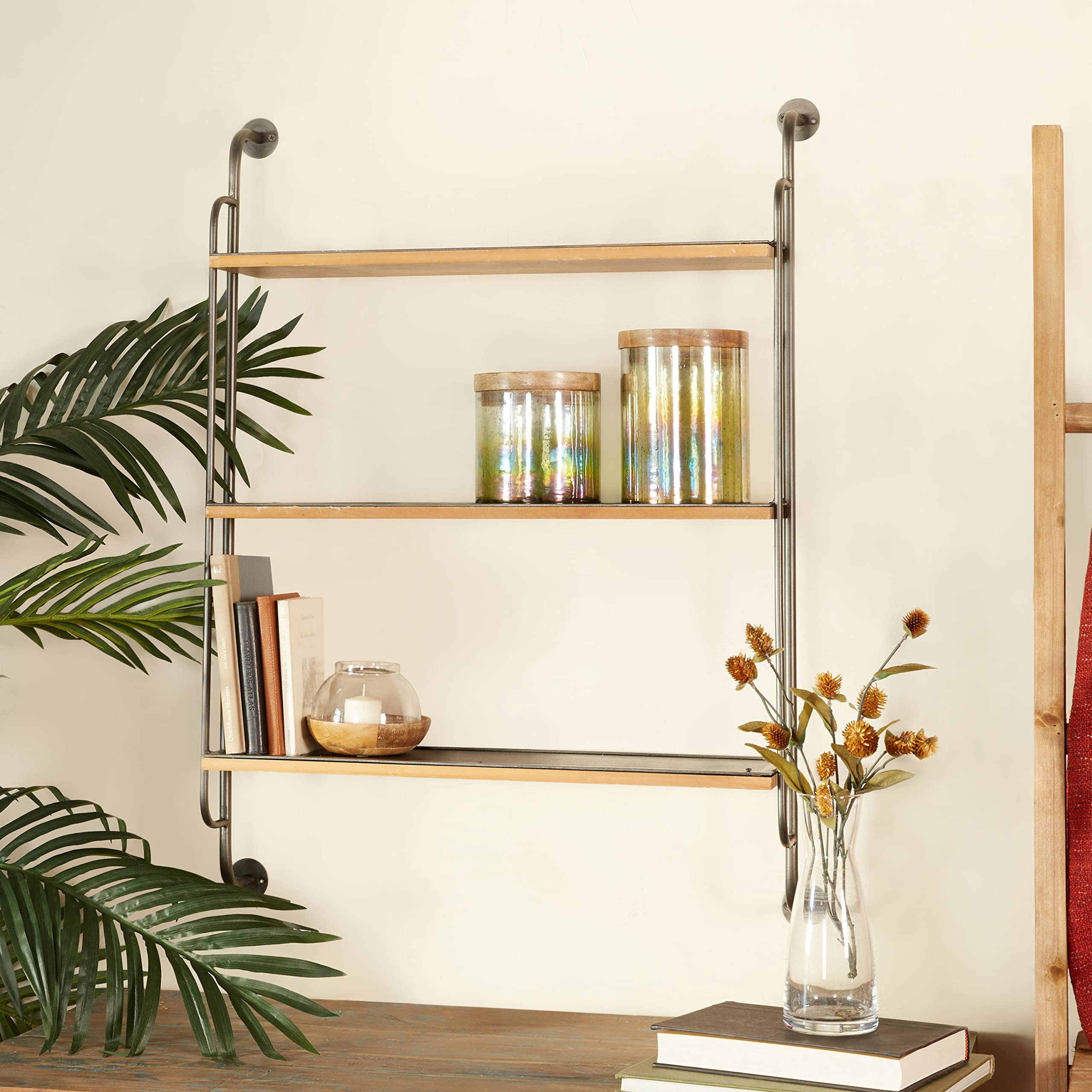 Deco 79 Industrial Metal Shelf Wall Storage Shelves for Bedroom, Living Room, Bathroom, Kitchen, Office and More, 25" L x 7" W x 33" H, Brown