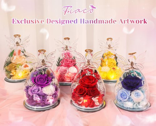 FIACO Gifts for Women Birthday Preserved Rose Forever Flower in Glass Angel Figurines Fresh Flowers for Delivery Prime for Mom Real Roses for Grandma Sister Wife Her from Daughter