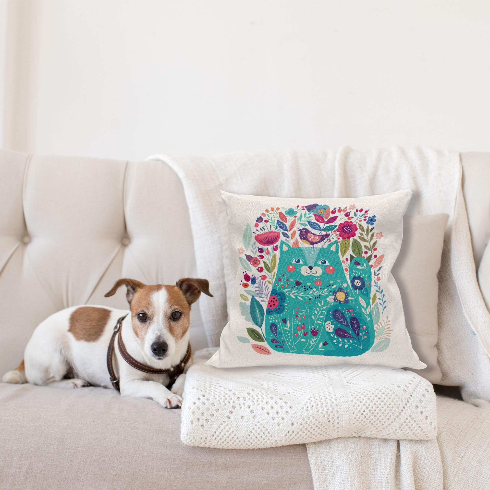 Ambesonne Cat Throw Pillow Cushion Cover, Kitty Surrounded by Birds Flowers Ladybugs Inspirational Folk Theme, Decorative Square Accent Pillow Case, 18" X 18", Multicolor Seafoam