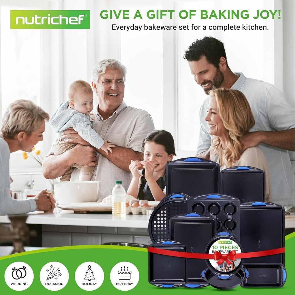 NutriChef 10-Piece Nonstick Bakeware Set - Heavy Duty Carbon Steel with Silicone Handles | Includes Cookie Sheets, Muffin Pan, Pizza & Loaf Pans